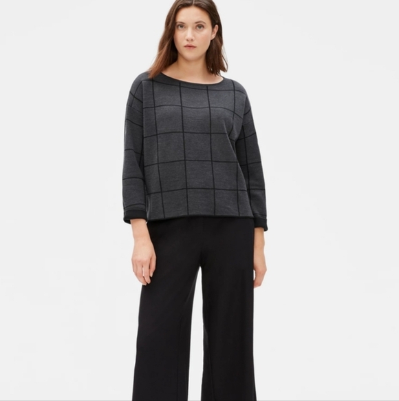 Eileen Fisher Boxy Fit Bateau Neck Window Pane Merino Wool Sweater Black… - Picture 2 of 8